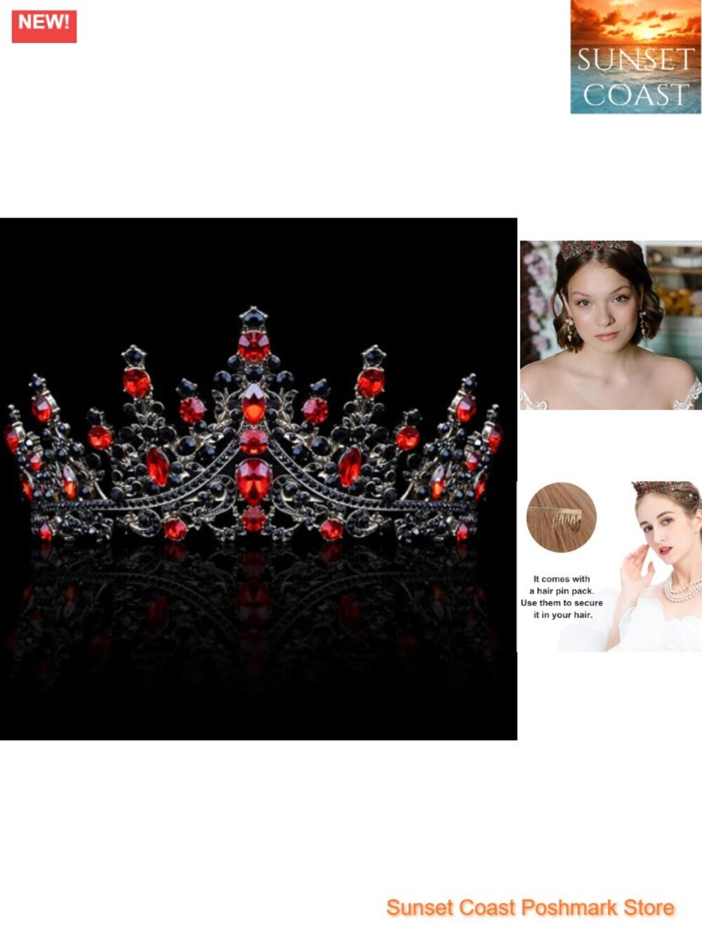 Gothic Queen of Hearts Crown Costume Tiara Crystal Rhinestone Headpiece